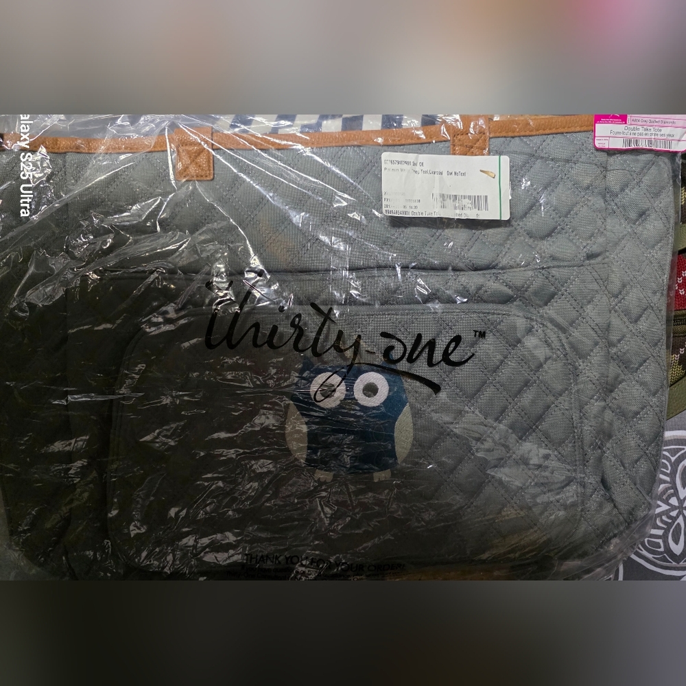 Thirty-One Quilted Gray Double Take Tote with Owl Design